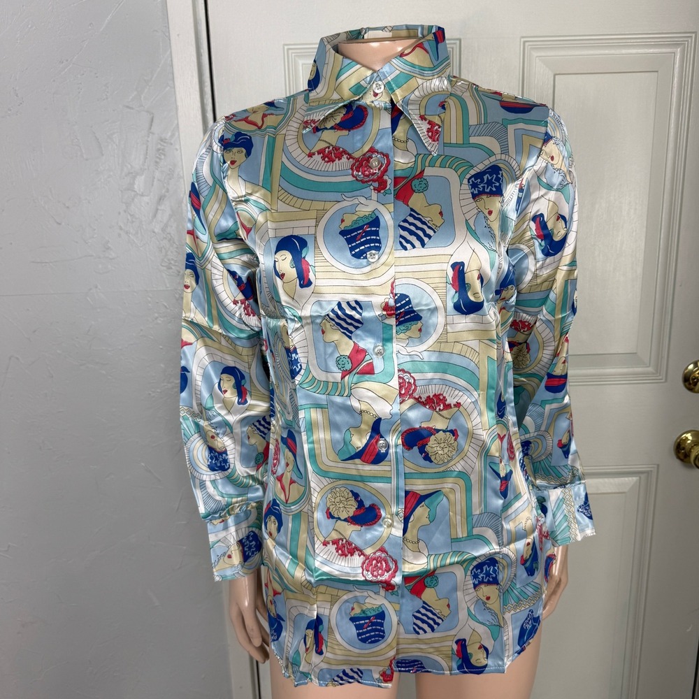 Vintage 70s Art Deco Shirt 11 Satin Printed Blouse Button Long sleeve Acetate A1